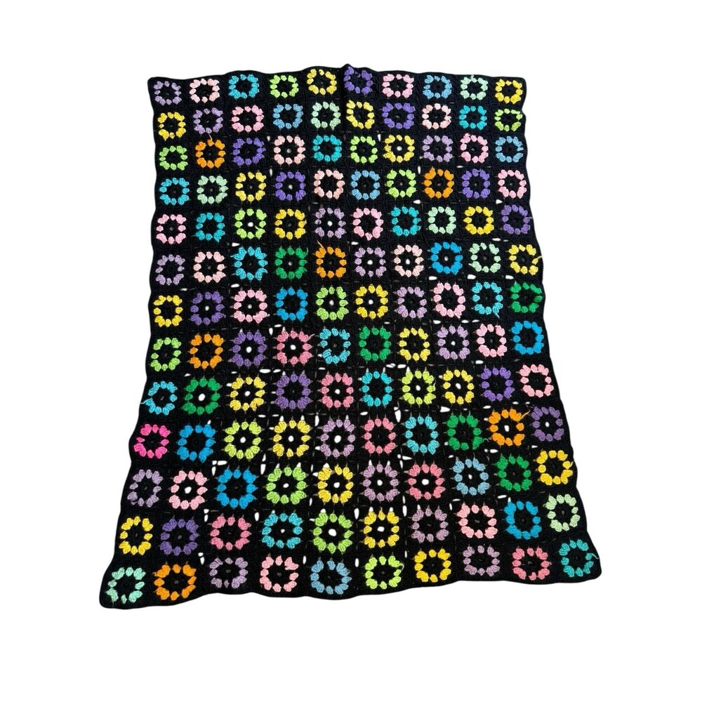 Crochet Granny Square Afghan Blanket Throw Multicolor Black 56 X 44 Inches